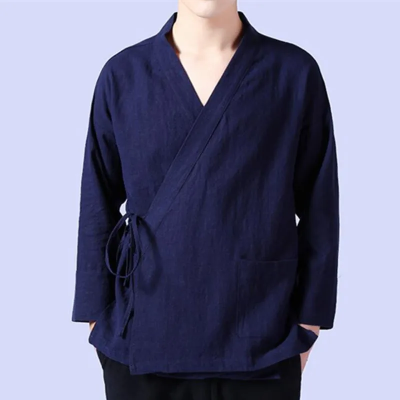 Plus Size M-6XL Pure Color Men\'s Tops 2024 New Cotton Linen Oblique Placket Long Sleeve Linen Hanfu chinese Clothing Kimono