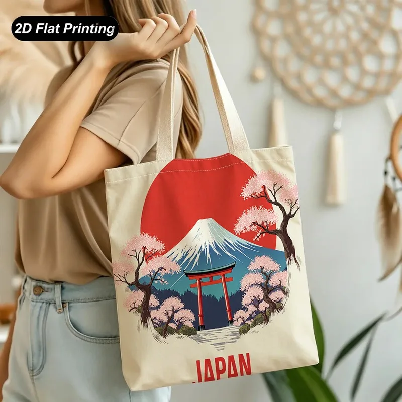 1PC【Tote Bag】Japanese retro-style tote bag with Mount, cherry blossoms, torii, and red motifs，Large Capacity，Printed De