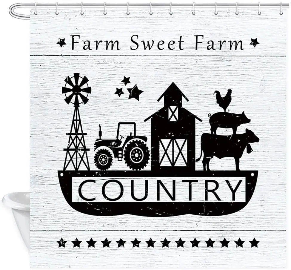 Farmhouse Shower Curtain Rural Farm Houses Windmill Tractor Cow Pig Chicken Rustic Wooden Board Countryside Village Rural Life