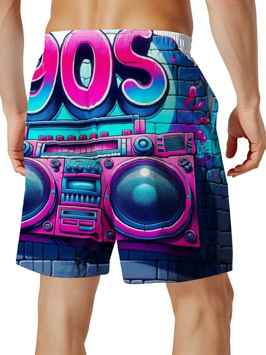 

90s Graffiti Boombox Print Swim Trunks Men Retro Street Art Beach Shorts