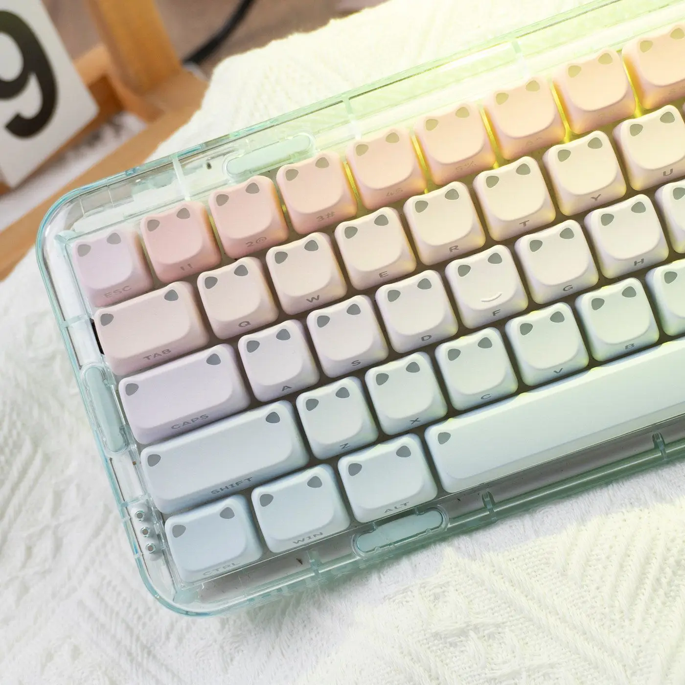 Pink Blue Cute Cat Ear Side Printed RGB Backlit Keycap MAO Profile Dye Sub PBT Keycaps for Cherry MX Switches Gaming Keyboard