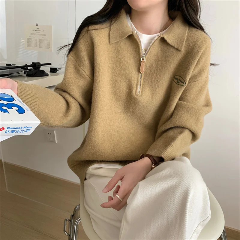 

Woman Korean Gentle Long Sleeves Simple Embroidery Oversized Versatile Knitted Pullover T487 Zipper Polo Collar Loose Sweater