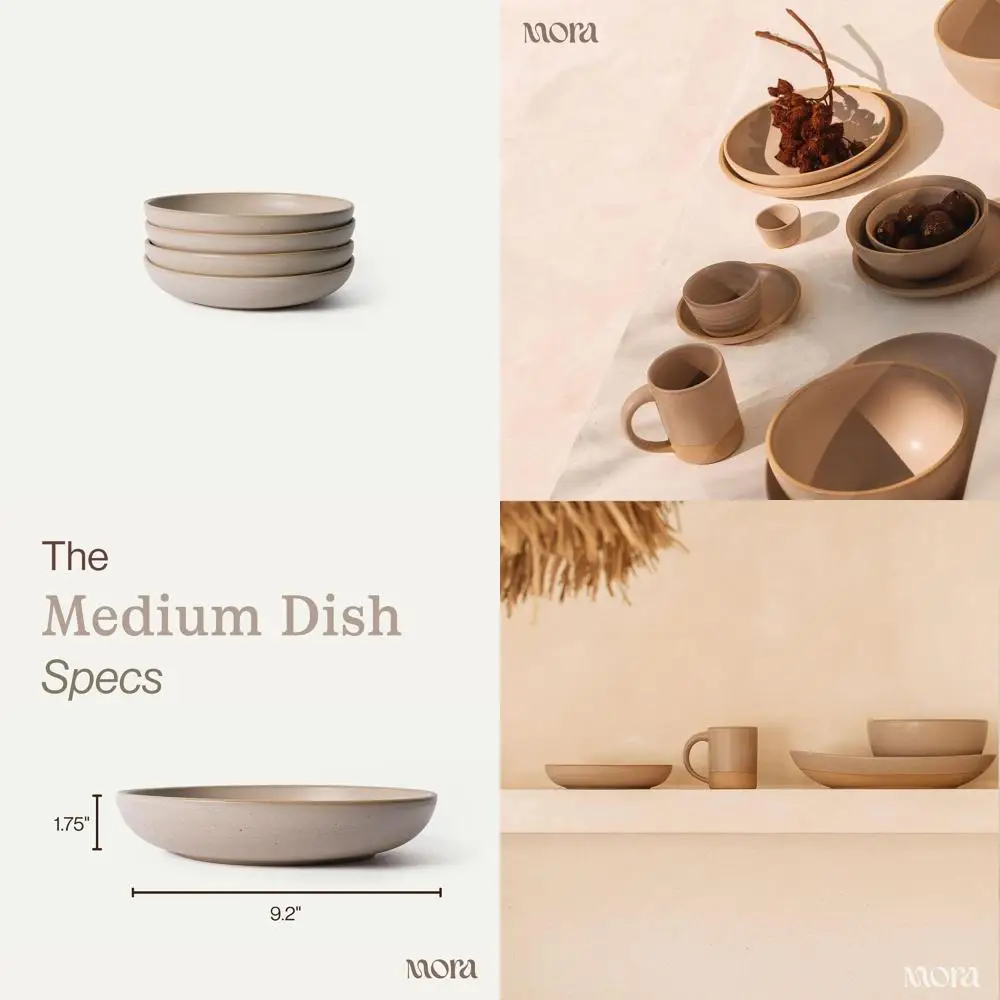 Set of 4, 30oz Ceramic Pasta Plates/Wide Bowls - Microwave, Oven, and Dishwasher Safe - Mushroom