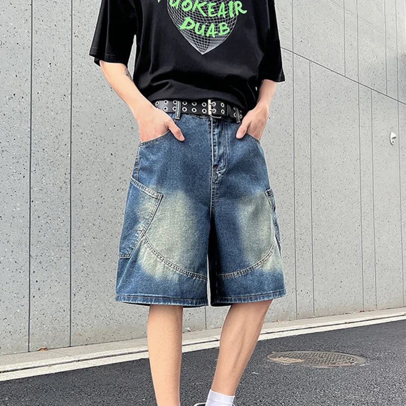 

Мужские прямые джинсовые шорты свободного кроя, брюки High Street с эластичной резинкой на талии, потертые повседневные джинсы средней длины в стиле ретро