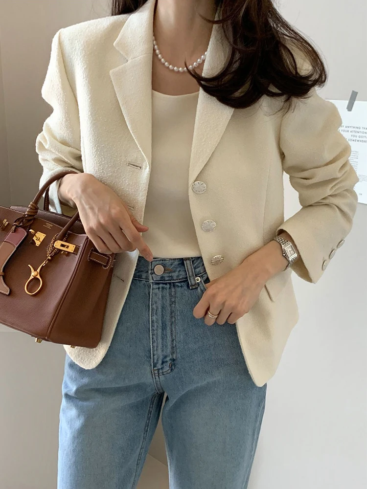 

Women's Elegant Long Sleeve Slim Tweed Blazer Jacket Lady Autumn Winter Office Wear Single Breasted Tweed Suit Outwear