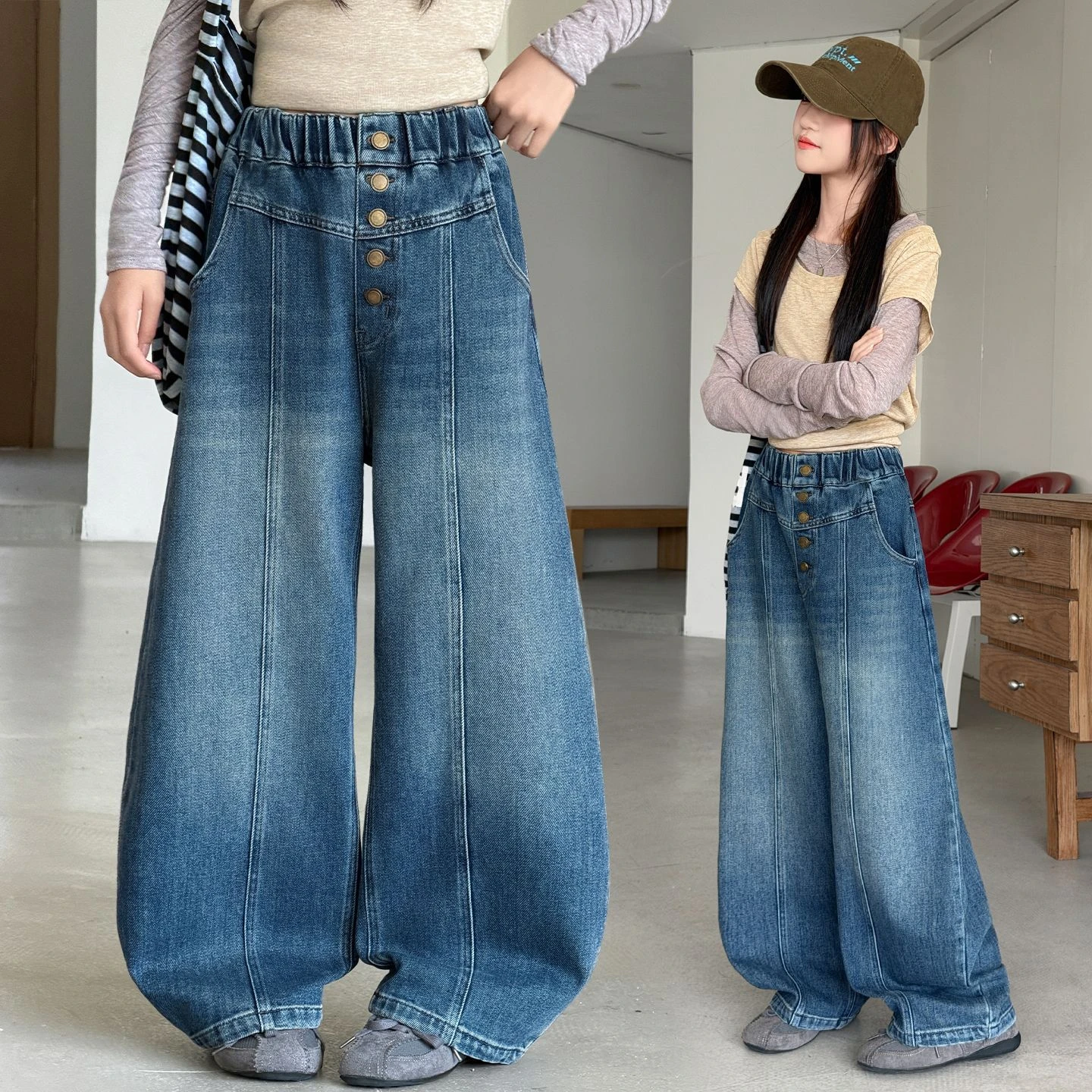 Girls' Autumn Jeans Fashion New Five Button Patchwork Curved Knife Pants Big Children's Retro Wide Leg Denim Pants For 5-14Years