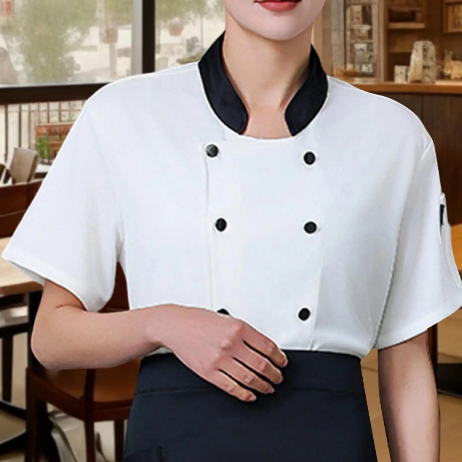ユニセックスシェフ制服ジャケット半袖夏作業服ウェイターウェイトレスサーバーバーシャ​​ツケータリングベーキングパブカフェ
