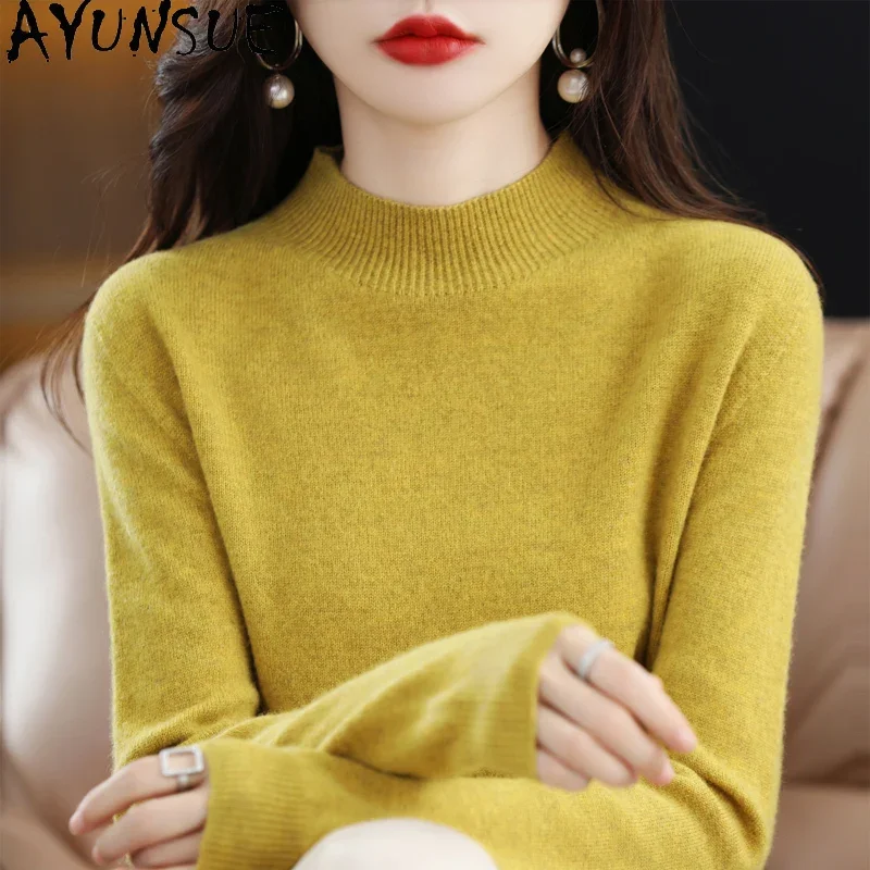 

AYUNSUE 100% Merino Wool Sweater Women Knitted Sweater Turtleneck Long Sleeve Pullovers Autumn Winter Clothing Warm Jumper Tops