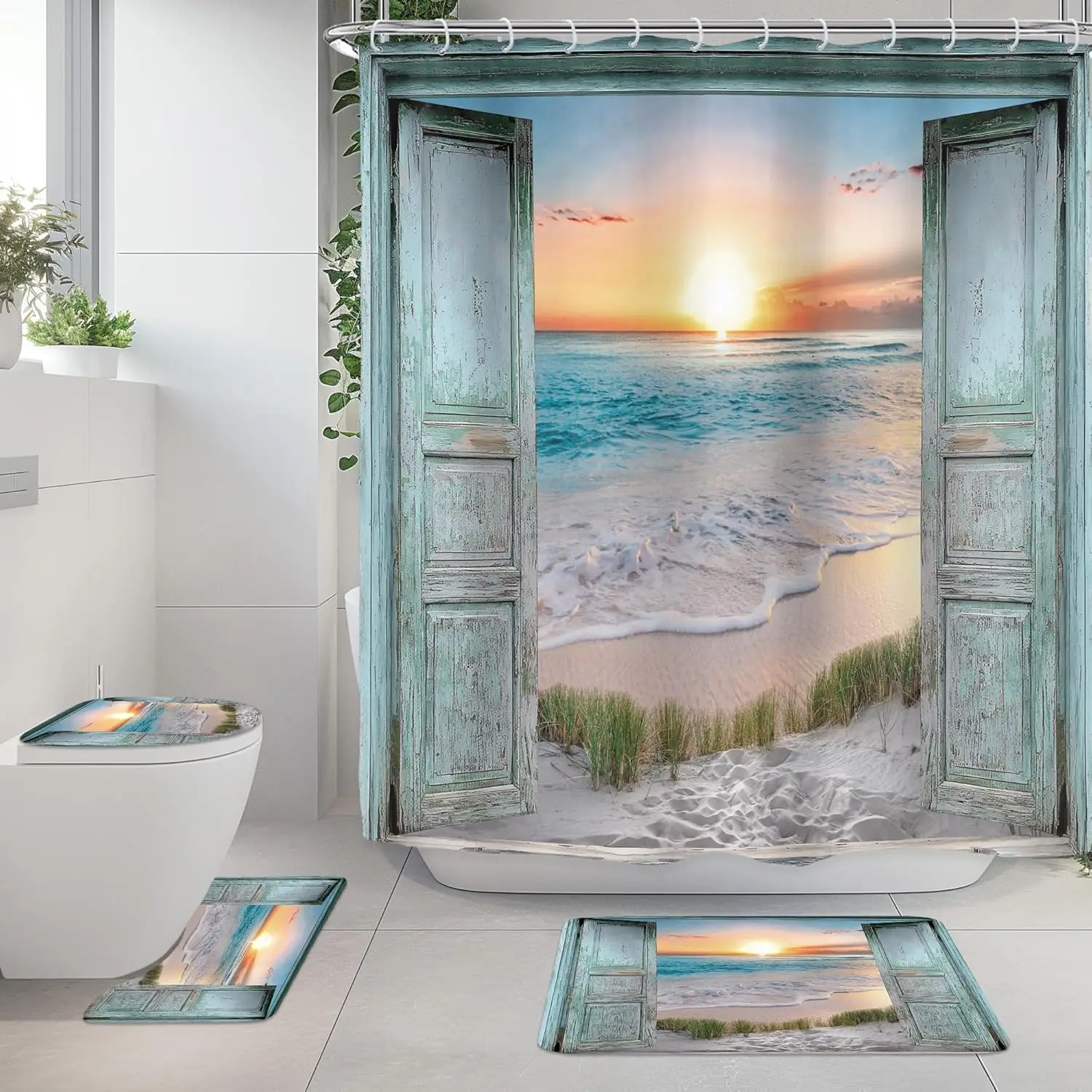 

Пляж Море 4 шт. Наборы занавесок для душа для ванной комнаты Океан Дверь сарая Бирюзовый набор декора для ванной комнаты с ковриками и аксессуарами Туалет L