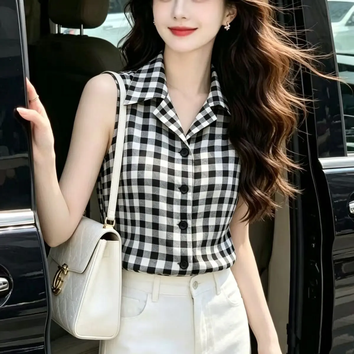 Retro Plaid  Shirt Vest Slim Fit Single Button Summer New Style Versatile Sleeveless Top Women's Fashion Ladies' Shirt