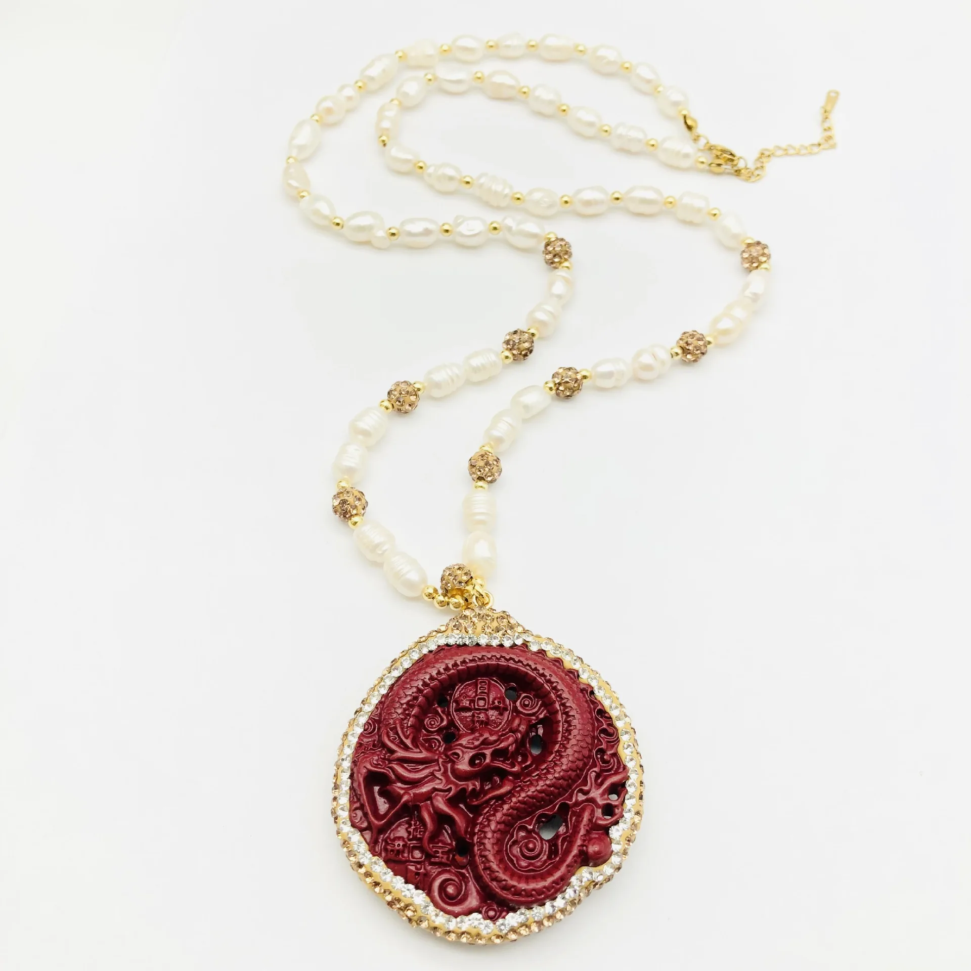 Red Vermilion Dragon Pendant Pearl Necklace Chinese Style Crystal Long Sweater Chain Beads Choker Collar Women Jewelry Gifts