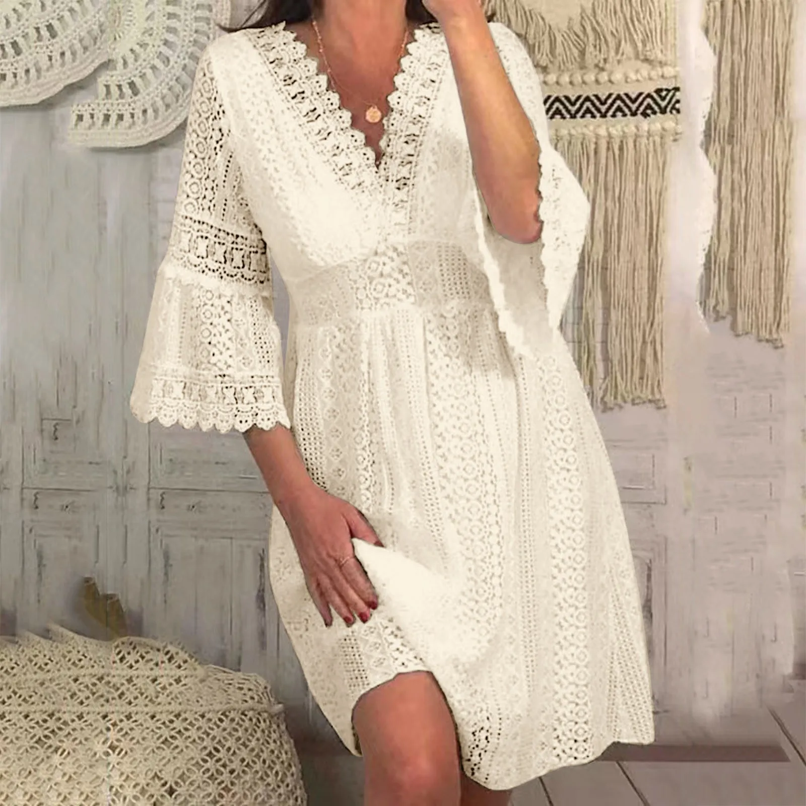 Summer White Lace Dress Women High Waist Elegant Flare Half Sleeve Casual Dresses V-neck Party Hollow A-line Sexy Short Dress