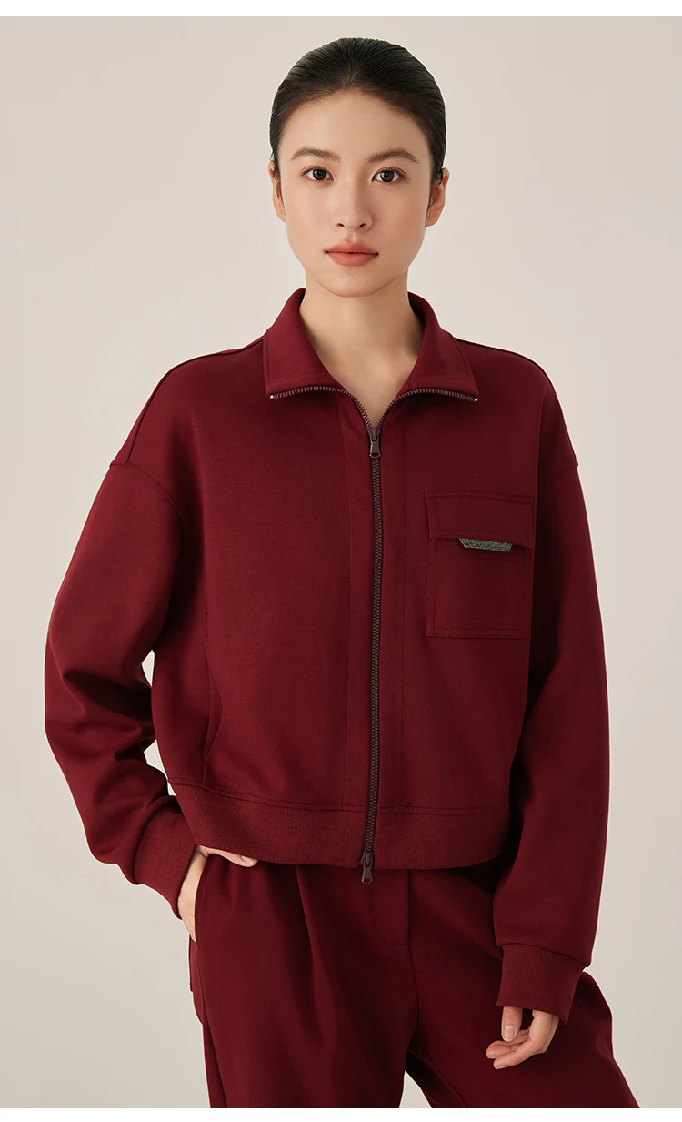 KW7523330 Damen Premium Reißverschluss-Trainingsjacke Langarm-Mischgewebe Herbstmode mit Vordertasche und Akzentbesatz – Detail 3