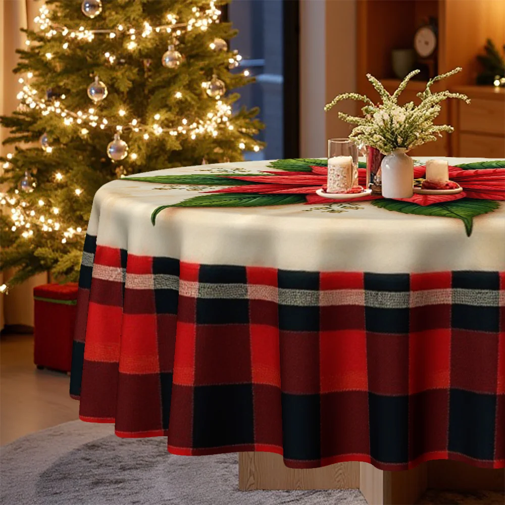 1 round Christmas-themed tablecloth with Christmas flowers and a checked border.