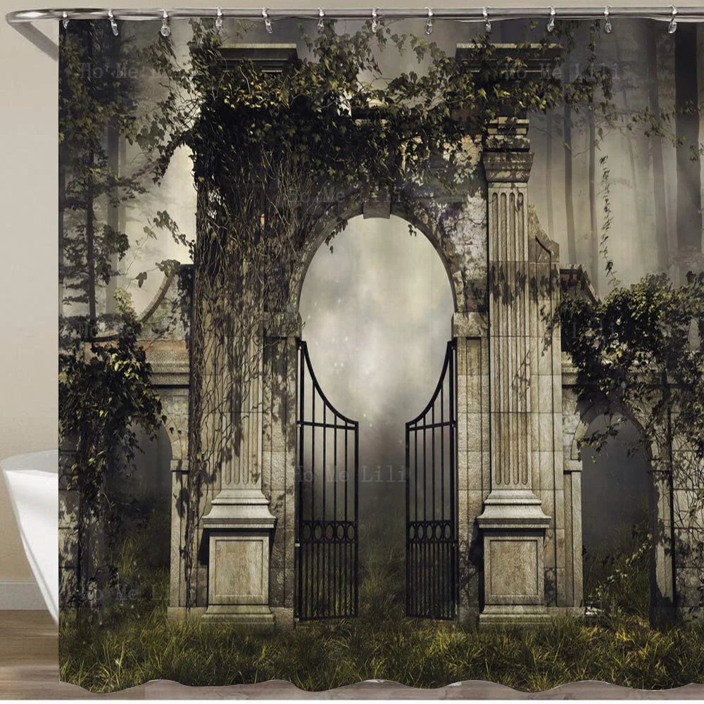 World Magic Kingdom Gothic Garden Gate And Vines In A Forest Polyester Fabric Waterproof Shower Curtain With 12 Hooks