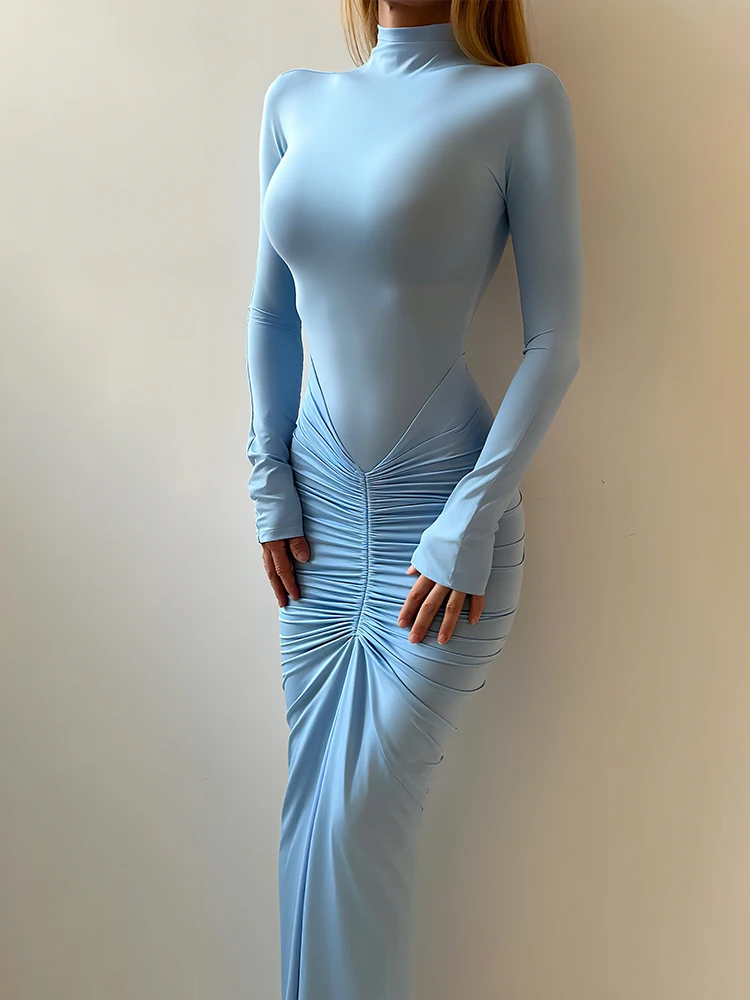 kliou Shirring Classic Women Maxi Dress High Street Autumn New Solid Turleneck Long Sleeve Bodycon Ladies Elegant Trend Vestidos