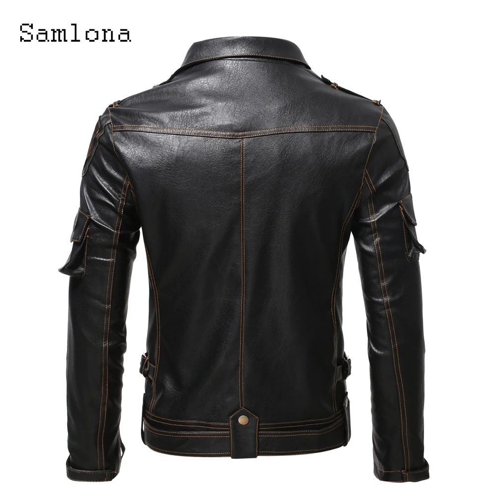 Samlona 2023 New Faux Pu Leather Jackets Men's Top Outerwear Zipper Up Coats Fashion Moto&Biker Jacket Plus size Mens Overcoats