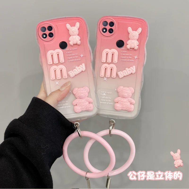 Funda de teléfono de silicona de lujo con dibujos animados de oso y conejo, muñeca bonita a la moda en 3D para Xiaomi Redmi 9 9C, funda trasera de pulsera