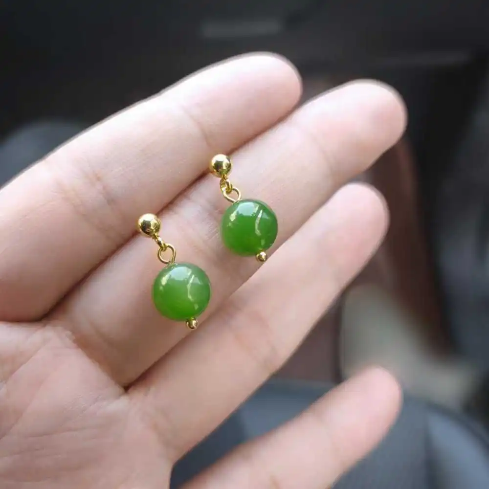 10MM Natural Green Jade Earrings 18k Hook Eardrop Christmas Hook Aquaculture Ear stud