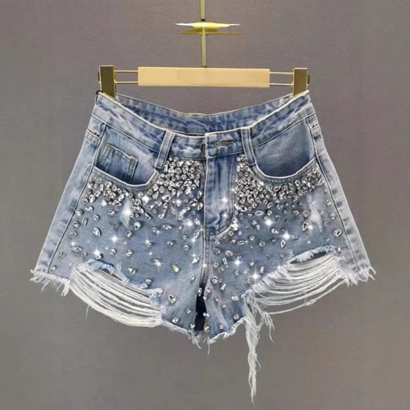 

2025 Distressed Wide Leg Denim Shorts for Women: High Waisted Loose Rhinestone Hot Pants, Trendy & Slimming Four Season New