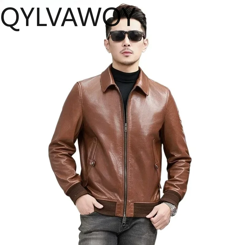 QYLVAWOY 2026 Top Layer Waxed Goatskin Genuine Leather Jacket Men 100% Real Leather Coat Fashion Short Slim-fit Leather Jackets