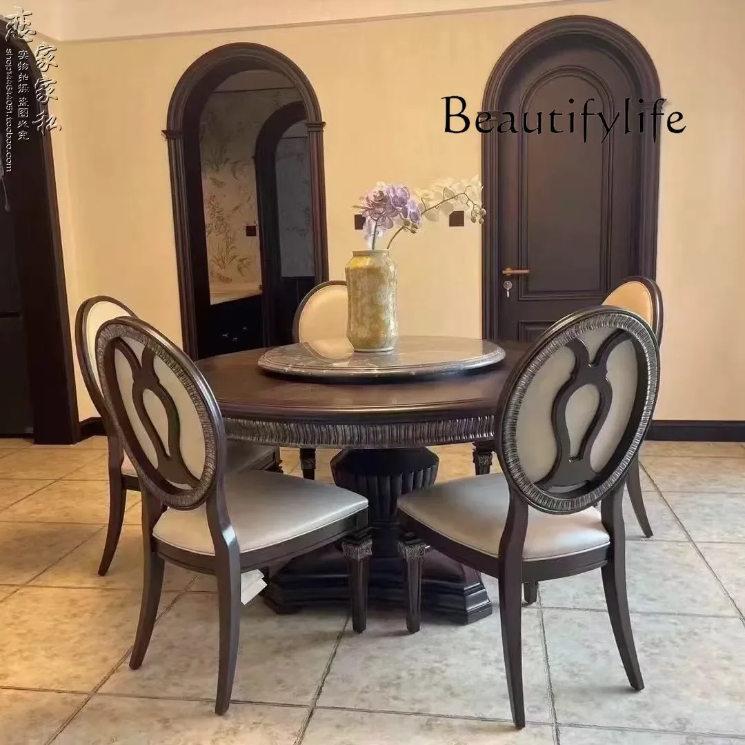 Uu Round Dining Table Chairs Spot American Retro Solid Wood Dining Table ART Solid Wood Dining Table And Chairs, French Engraved