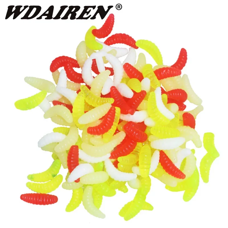 50 or 100Pcs 2.2cm Maggot Soft Lures Fishy Smell Bread Worm Bait Silicone Fishing Isca Artificial Tackle Silicon Bait Carp Trout