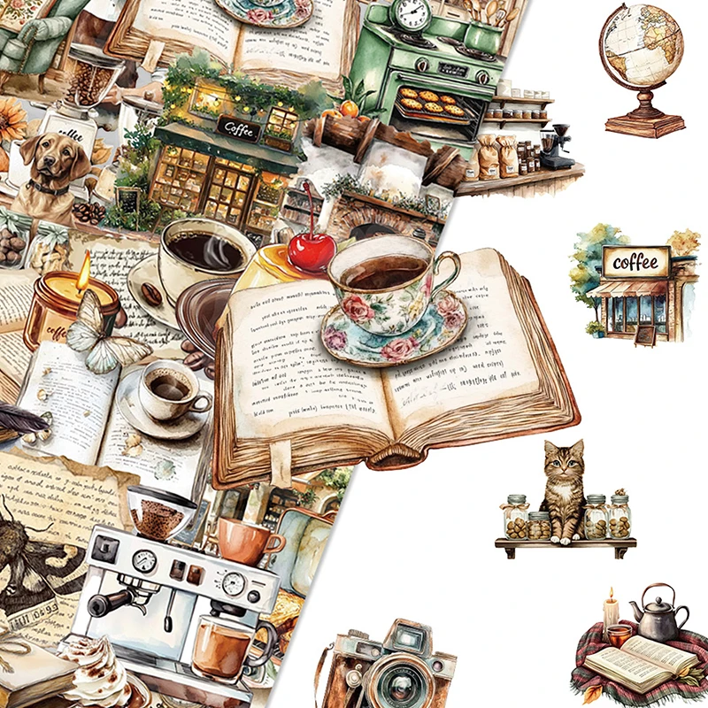 50pcs Retro Coffee Theme Clip Stickers Aesthetic Waterproof PET Transparent Material Diary Luggage Bottle Decoration