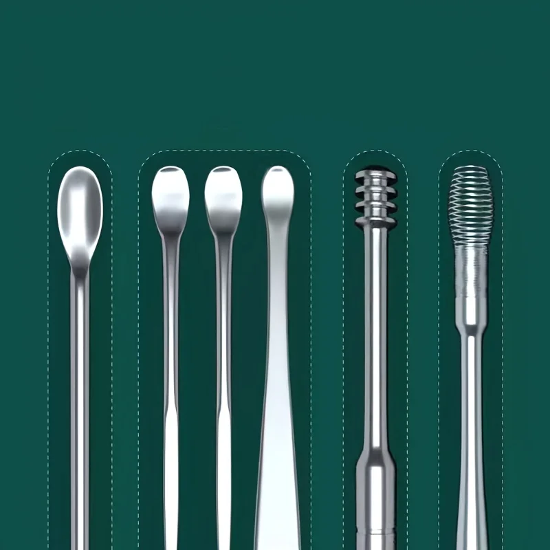 6pcs Stainless Steel Ear Wax Removal Tool Set Spiral Rotating EarPicking Spoon Ear Picker Spoon For Cleaning Collecting Ear Wax