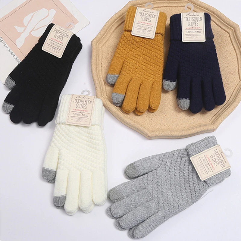 Guantes de invierno para pantalla táctil para hombre y mujer, manoplas de punto elásticas cálidas, de imitación de lana, de dedo completo, de ganchillo grueso