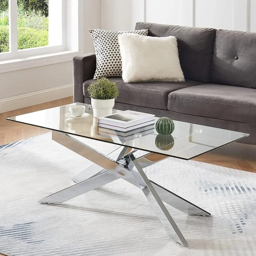 Mesa de centro rectangular moderna, muebles de sala de estar, parte superior de vidrio templado plateado y pata Tubular de Metal