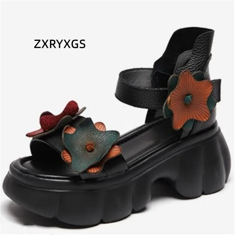 ZXRYXGS Head Layer Cowhide Classic Flowers Sandals Fashionable Shoes 2024 Summer Comfort Thick Soled High Heels Women\'s Sandals