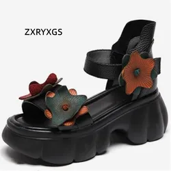 ZXRYXGS Head Layer Cowhide Classic Flowers Sandals Fashionable Shoes 2026 Summer Comfort Thick Soled High Heels Women's Sandals