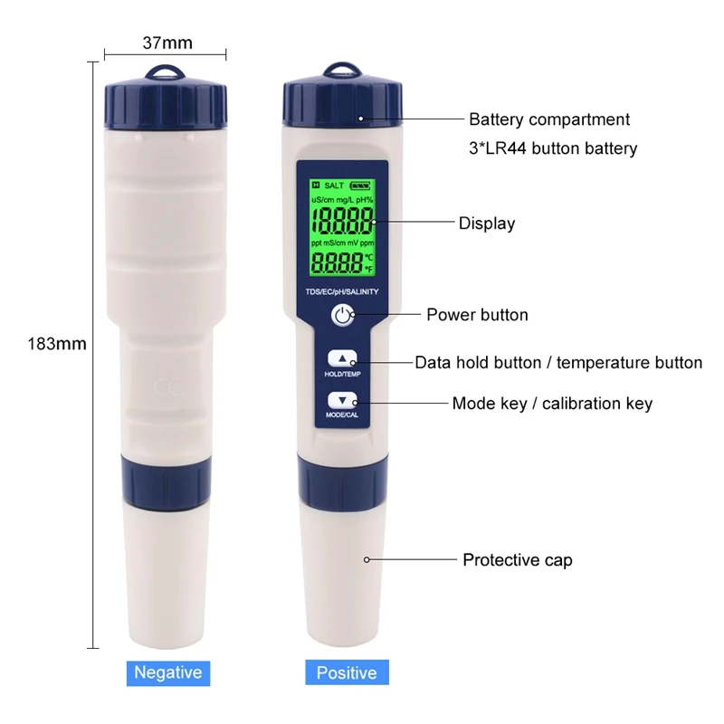 Digital Water Tester 5 In 1 PH/TDS/EC/Salinity/Temperature Tester Pen Waterproof Multi-Function Meter