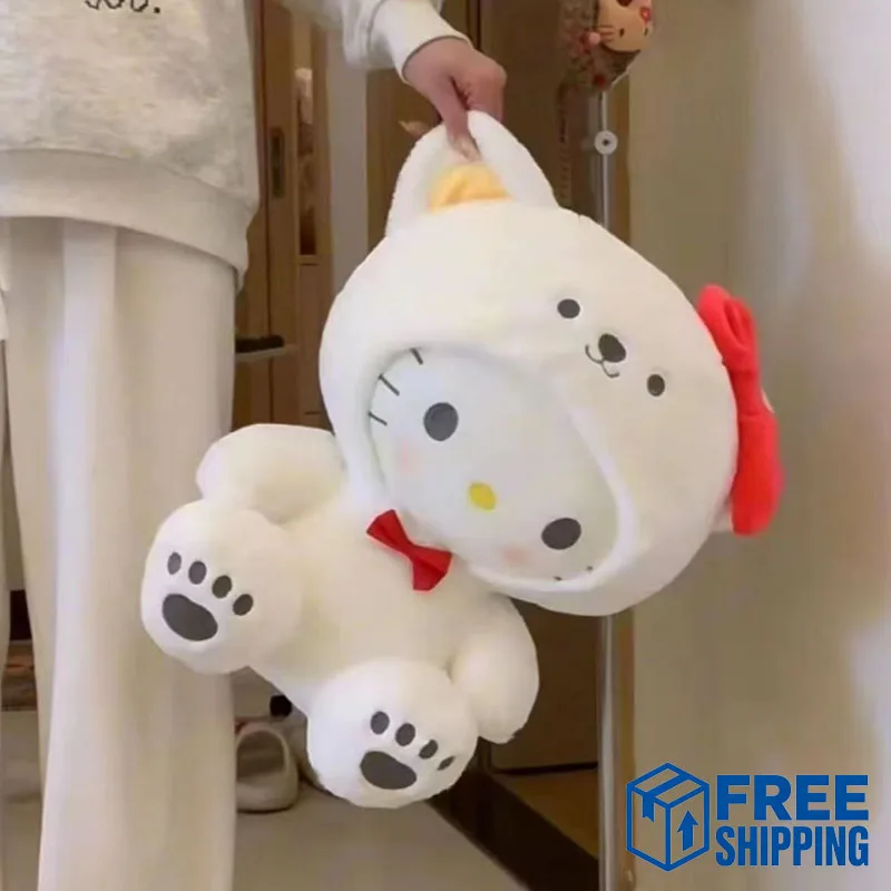 Cute Hello Kitty Plush Doll Bear Hooded Cartoon Stuffed Animal Toy Dopamine Comfortable Soft Pillow Girl Valentine Birthday Gift