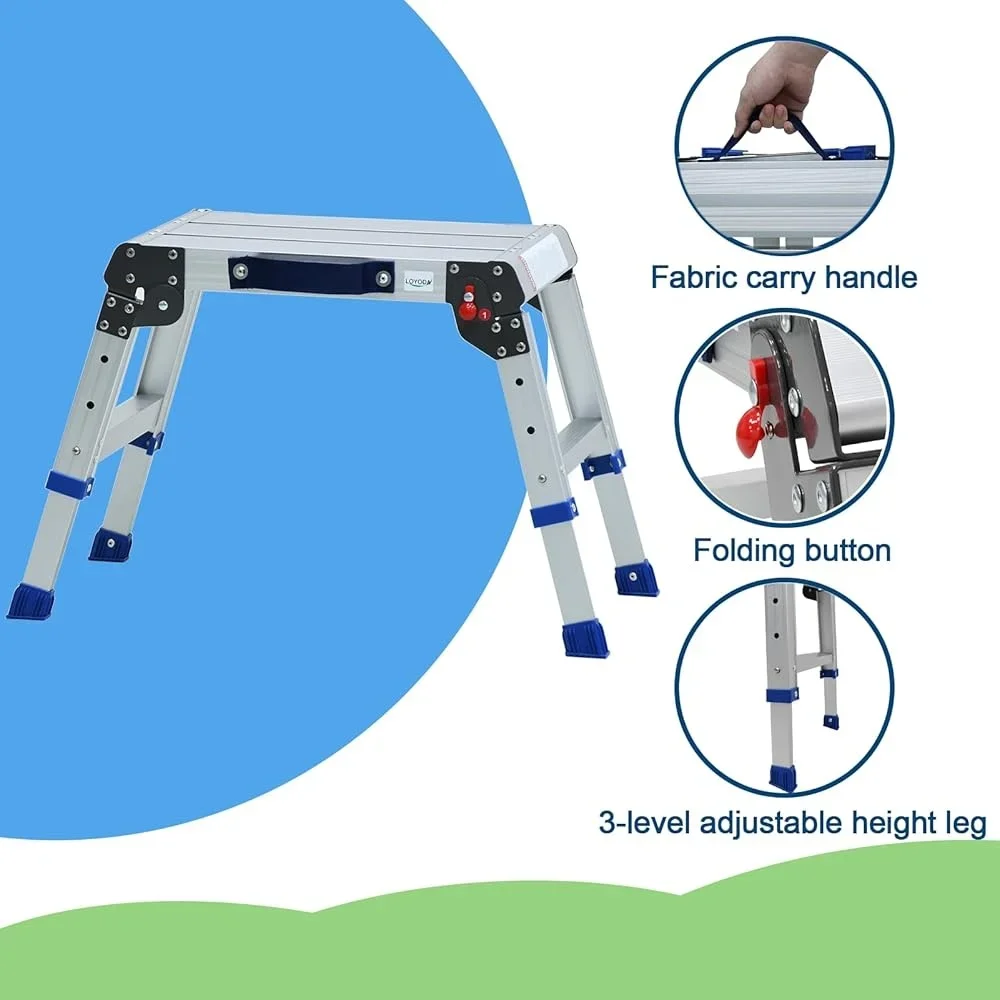 Folding Step Stool Adjustable Height Portable Lightweight Aluminum Work Platform Tool-Free Assembly Durable Indoor Outdoor Use