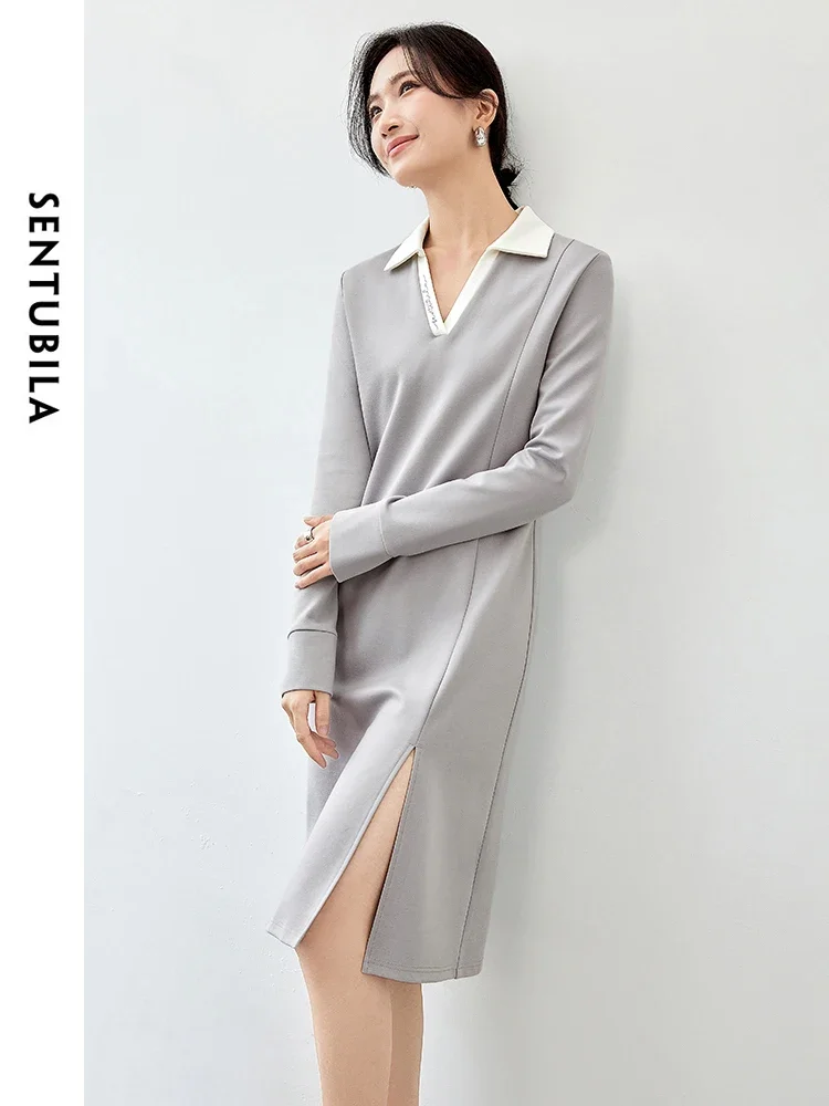 

SENTUBILA Women T-shirt Dresses 2025 Spring Letter Embroidery Polo Neck Slit-hem Simple Ladies Long Sleeve Dress 143L56702