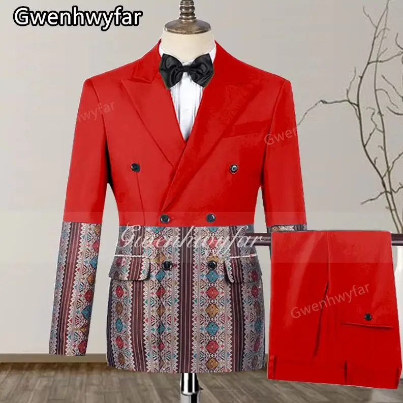 

Gwenhwyar Double-Breasted Groomsmen Tuxedo Jacquard Stitching Men Suit Wedding/Prom/Dinner Peaked Lapel Blazer (Jacket+Pants)