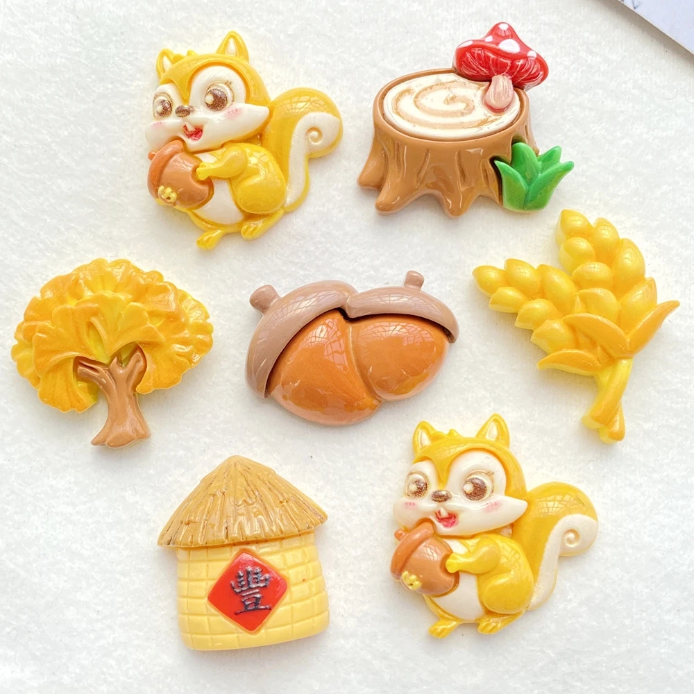 10Pcs New Cute Cartoon Squirrel, Pinecone, Wheat Series Flat Back Resin Cabochons Scrapbooking DIY Jewelry Craft Decoration