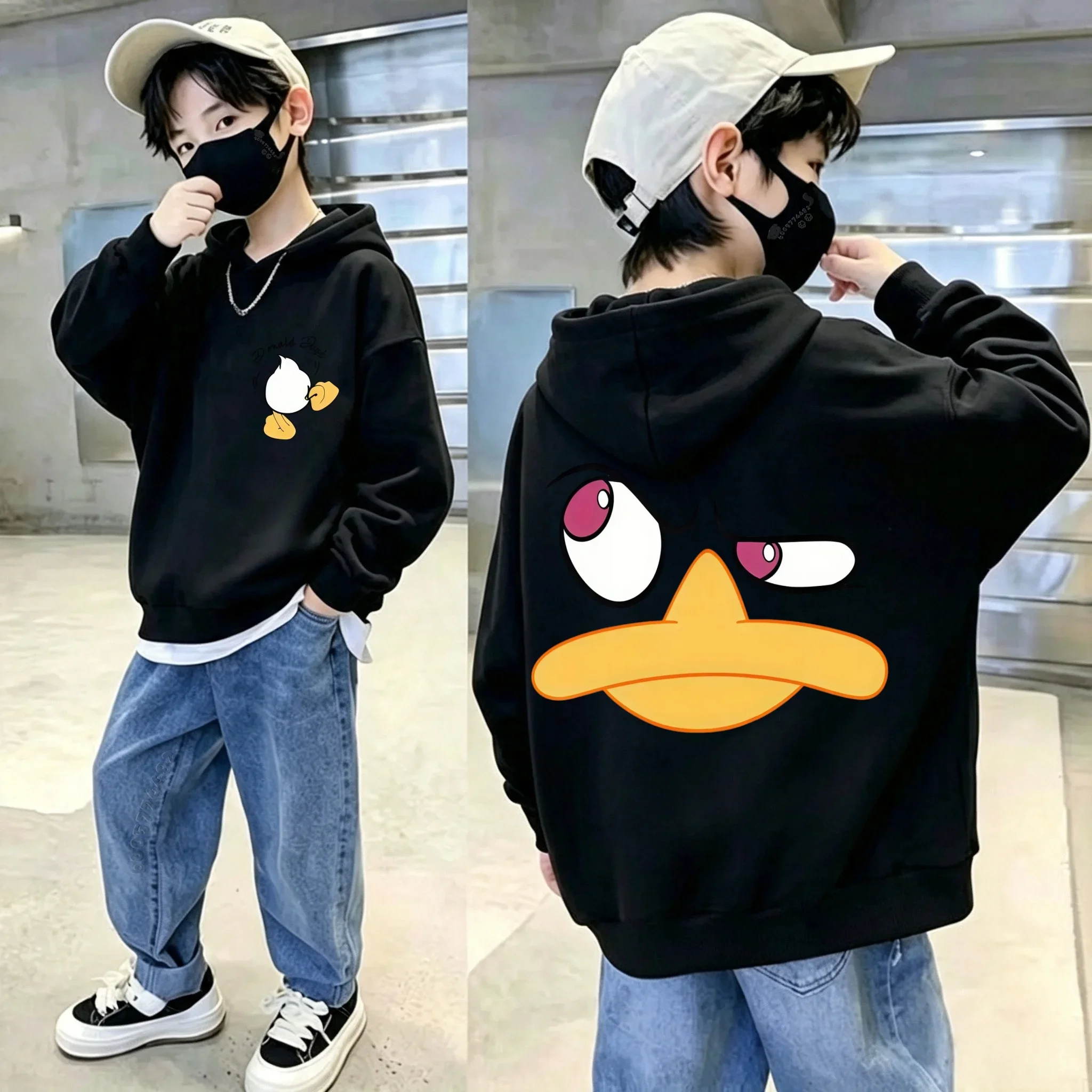 Retro Children's Street Style Cartoon Print Hooded Sweater. High-quality Cool Long-sleeved Warm Hoodie for Boys and Girls.