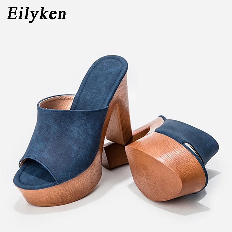 Eilyken Fashion Wood Grain High Heels Women Slippers Summer Roman Gladiator Peep Toe Platform Casual Ladies Shoes Sandals