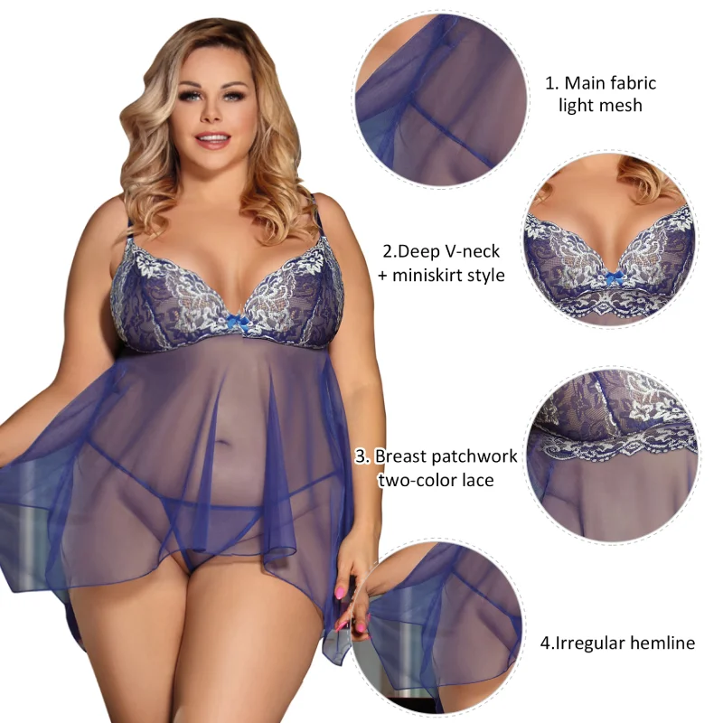 Comeondear See Through Sexy Woman Nighties Dress Blue Mesh Mini Sleepwear Lingerie Outfit Plus Size Nightgown Babydoll Costumes