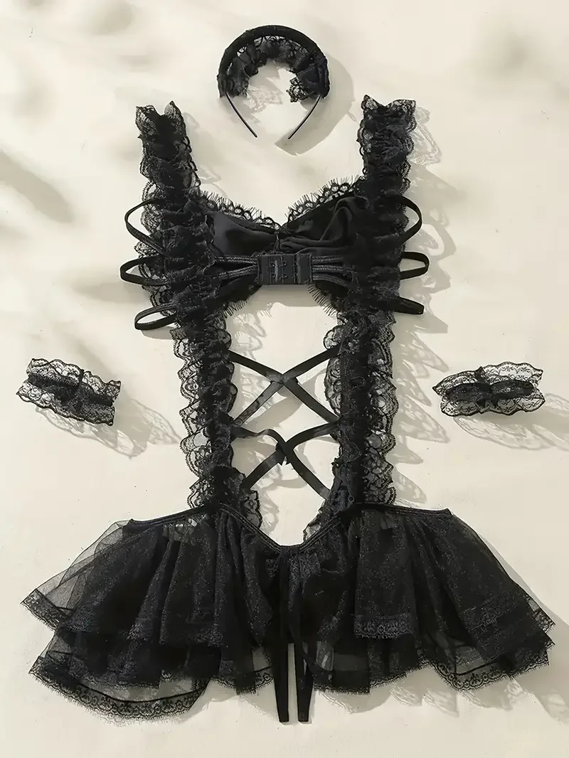 Freche Dienstmädchen-Uniform, Rollenspiel-Kostüm, Body für Frauen, sexy Dessous, Schleife, Spitze, Hosenträgerkleid, Cosplay-Unterwäsche
