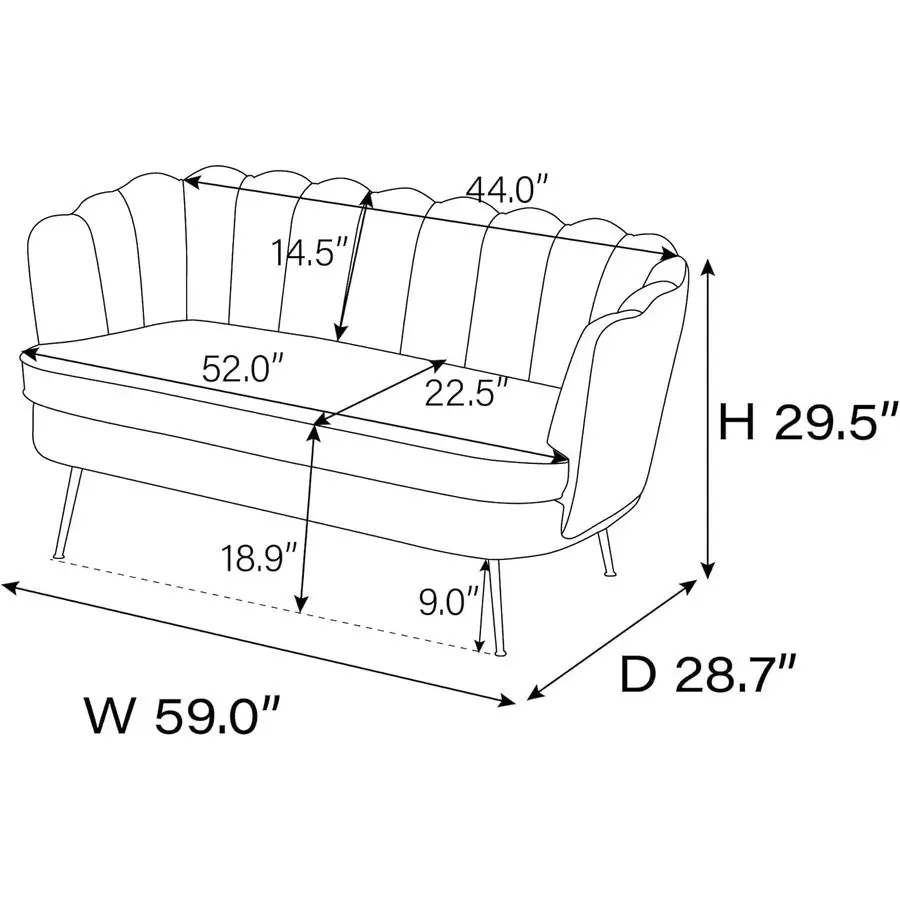 59 أريكة صغيرة حديثة من الشنيل بمقعدين، أريكة بمقعدين بأرجل معدنية ذهبية، أريكة صغيرة مع ظهر على شكل زهرة لغرفة المعيشة