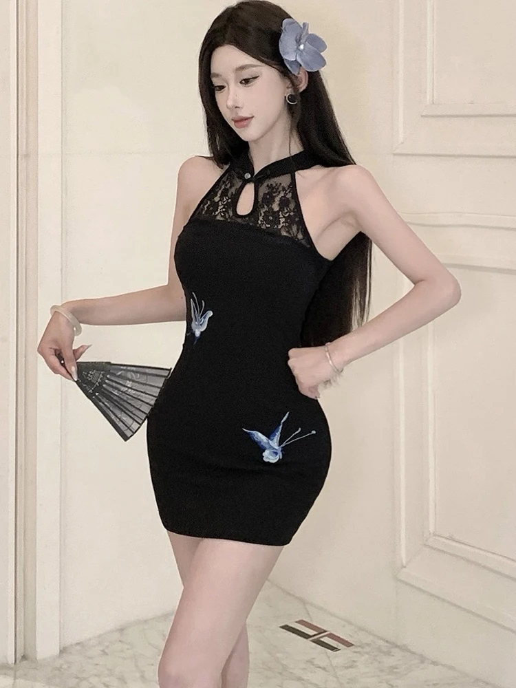 Feminino coreano vintage hepburn luxo vestido de noite verão preto impressão retalhos rendas pescoço-montado vestido 2025 elegante bodycon robe