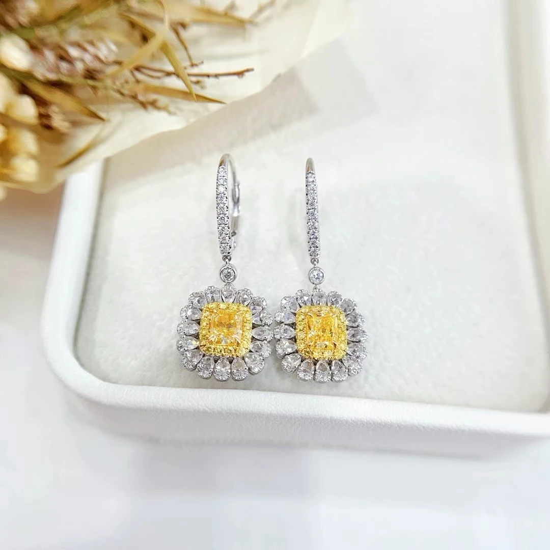 18K Gold Solid Real Lab-Grown Yellow Diamond Cushion-Cut Square Halo Earrings in Platinum, High-End Jewelry Custom Wholesale.