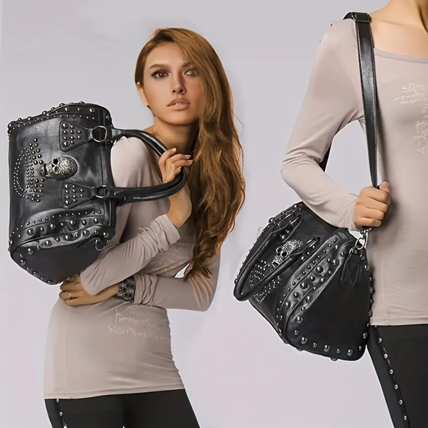 

Dark Enchantment Skull Tote Bag - Steampunk Studs & Boston Style - Gothic Chic Top Handle Crossbody