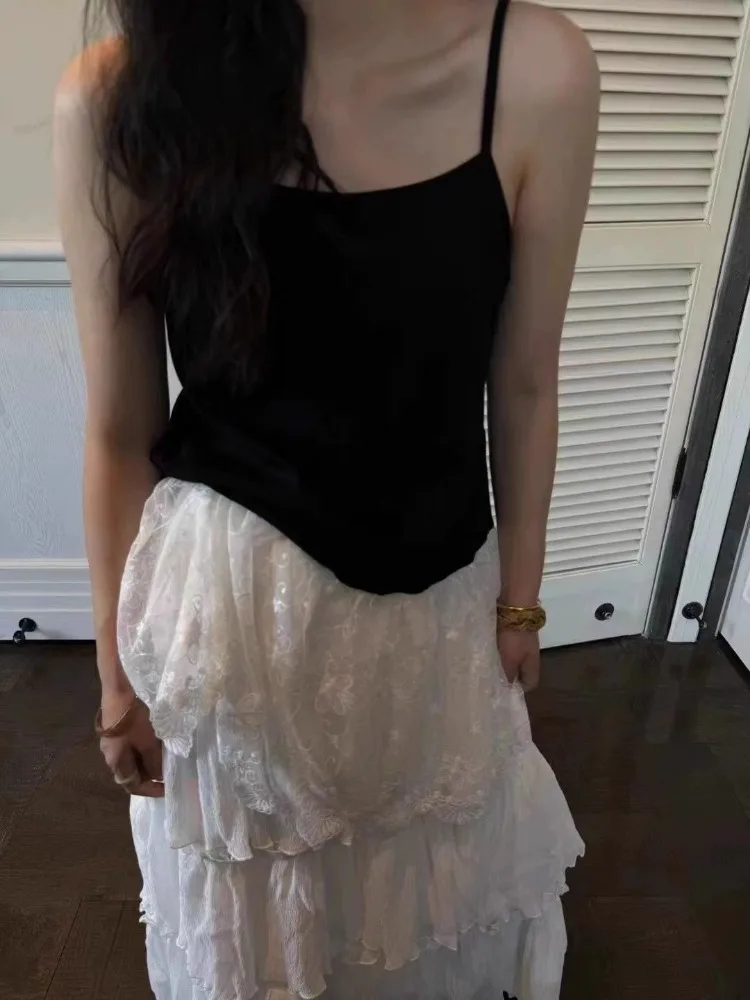 Moda coreana dulce encaje Patchwork Top 2025 novedad de verano camisola chaleco para Mujer Y2k Sexy Slim Fit negro Tops Mujer