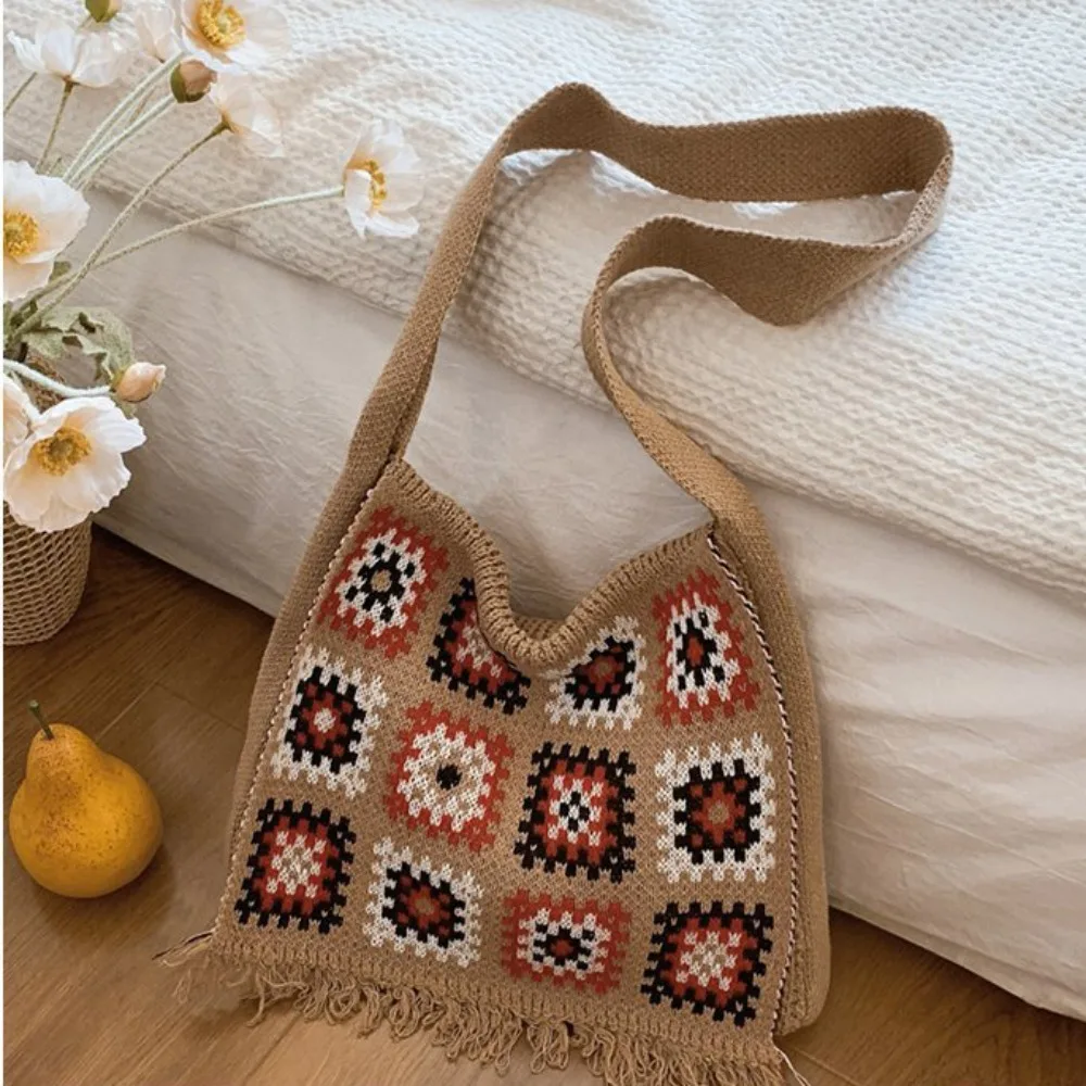 

Tassel Knitting Shoulder Bag Floral Ethnic Style Bohemian Crochet Crossbody Bag Boho Lazy Style Casual Woven Handbag Shopping