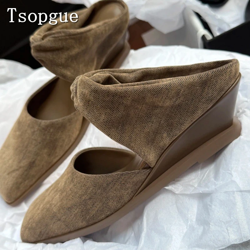 

Женские новые мюли с квадратным носком на танкетке, шикарный дизайн, с узлами и эффектом мятой ткани, на среднем каблуке, для повседневной носки и офисных образов